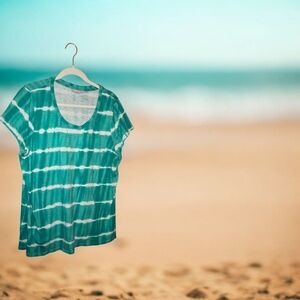 Belle Beach by Kim Gravel Teal Striped Short Sleeve Top, EUC
